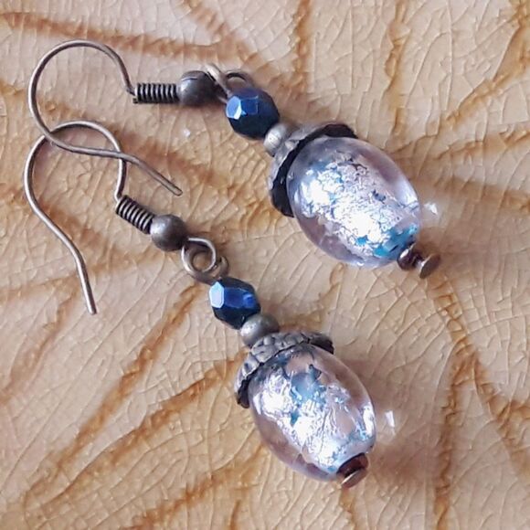 Artisan earrings  508# NEW boho Victorian earrings foil glass dangle bronze drop - Picture 3 of 6